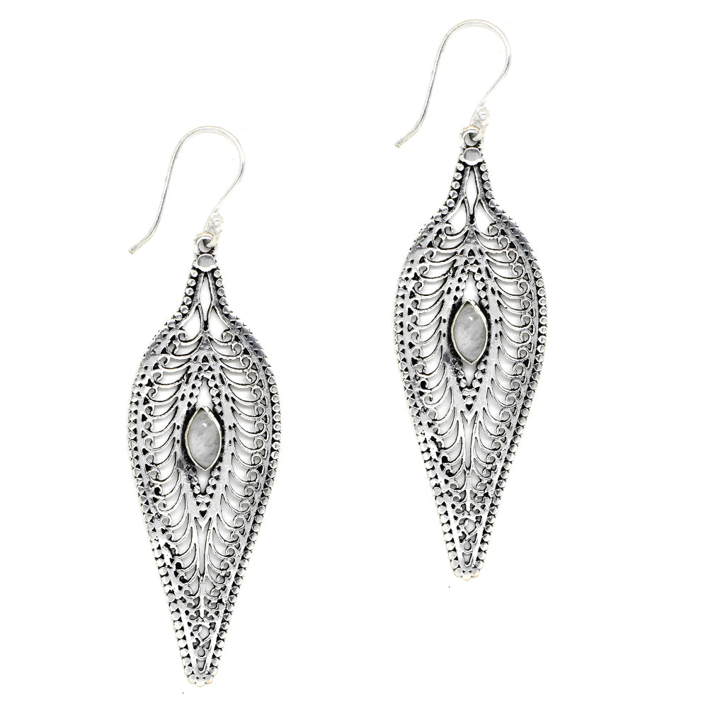 Brass rhodium moonstone cutout leaf drop earring - IFE189