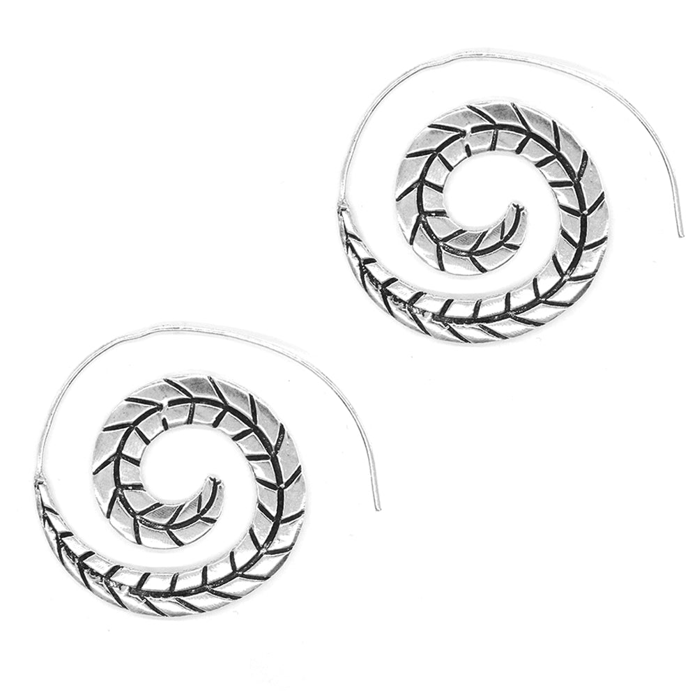 Brass silver plated oxidised line feather coil earring - IFE203