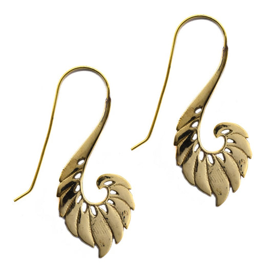 Brass gold plated plume feather statement earring