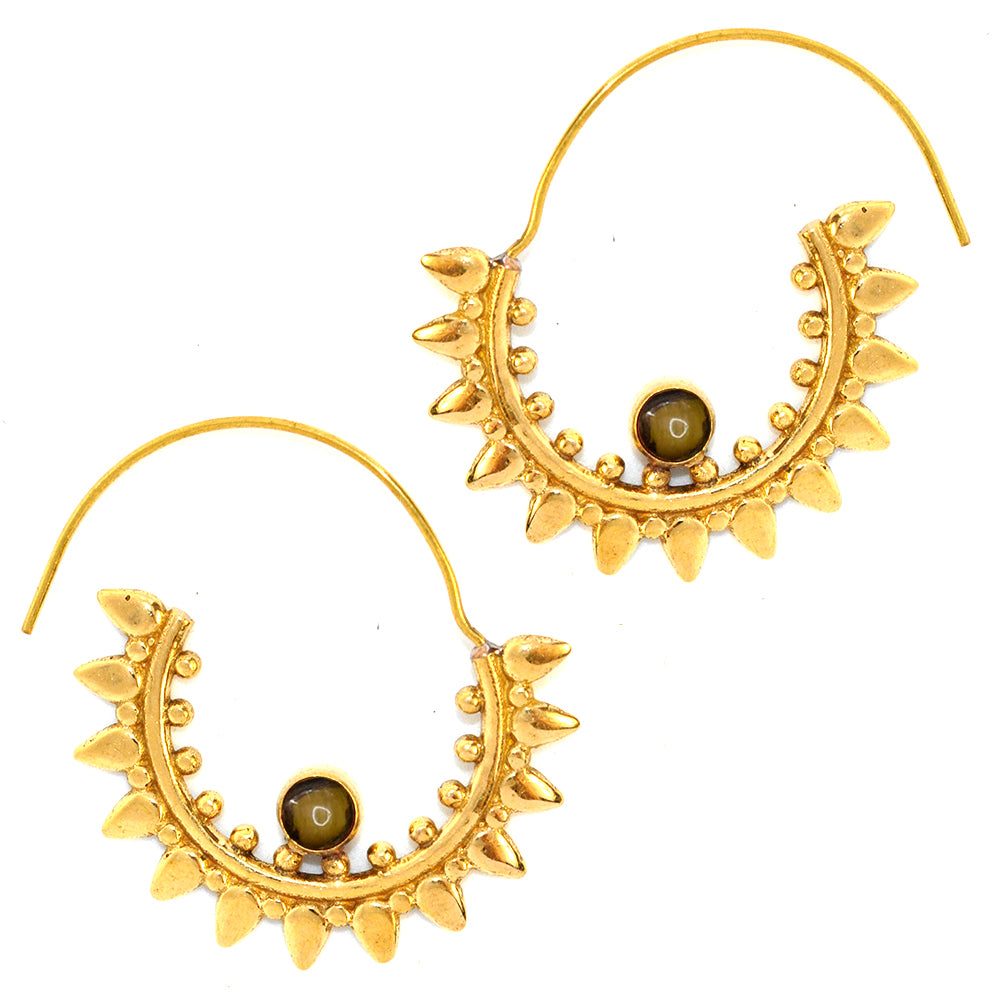 Brass spike coil earring with gemstone - IFE227