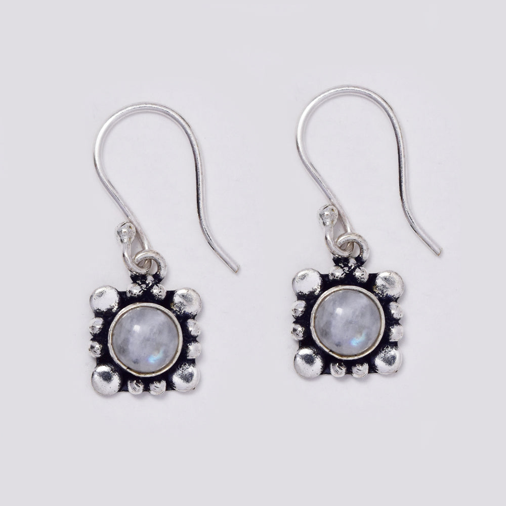 Brass hook drop earrings with round gemstone on geometric design - IFE718
