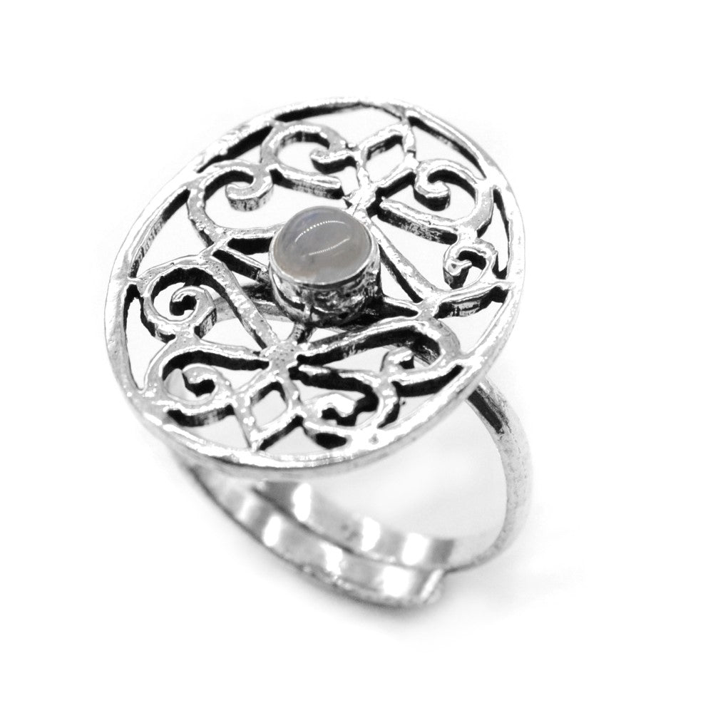 Brass filigree cutout oval Moonstone free size ring - IFR080