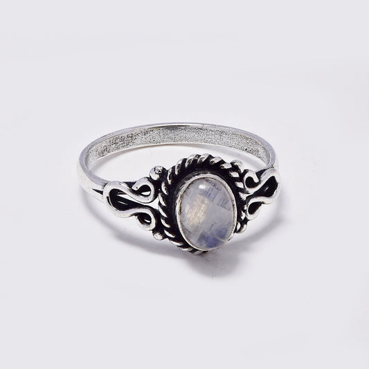 Brass silver moonstone ring with oxidized decorative framing