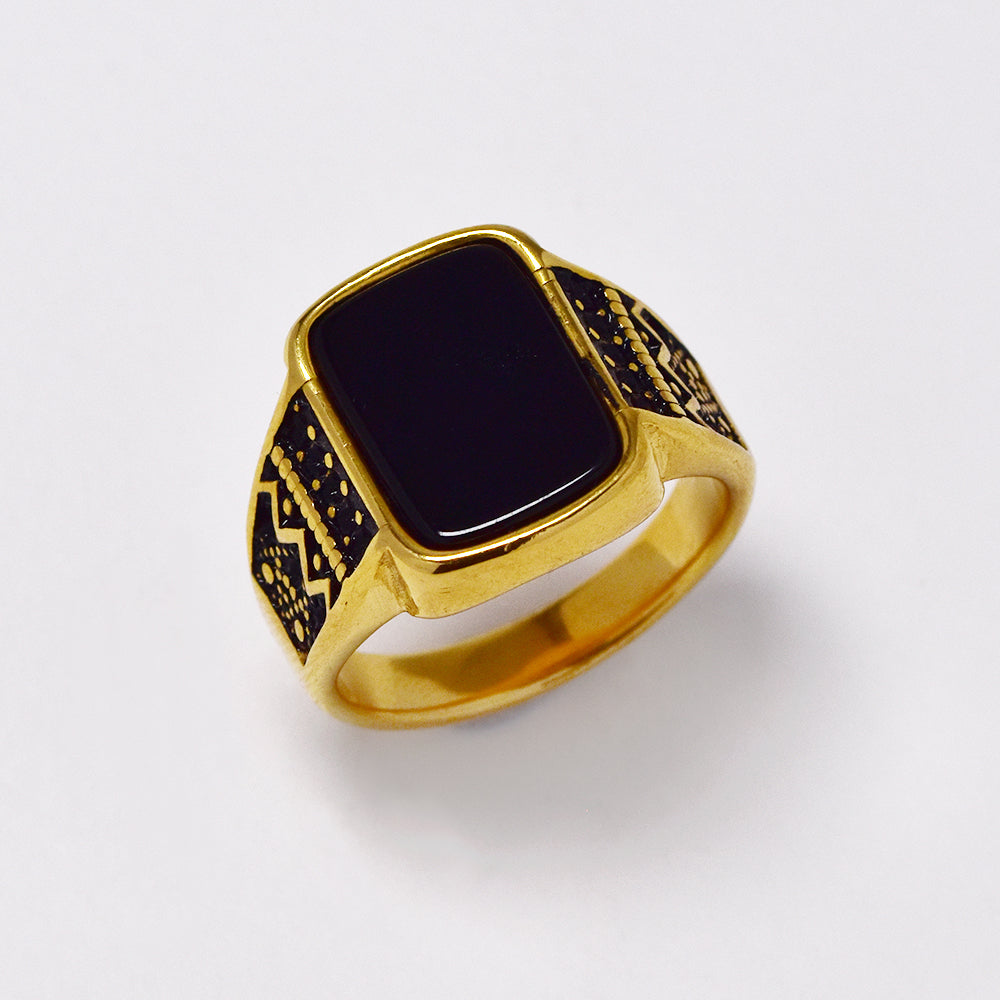 Buy 1 get 1 FREE - Stainless steel black & gold signet ring with tribal pattern - JSSR206i