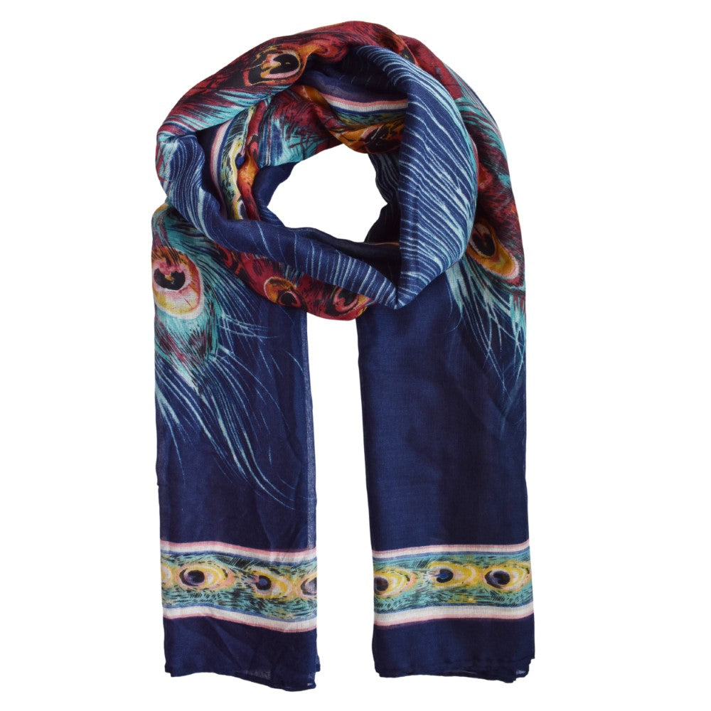 Navy blue base multi colour peacock feather printed scarf - LS5372
