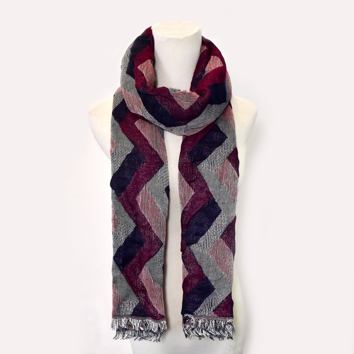 LS8286 - Zigzag frayed tassel scarf - Blue