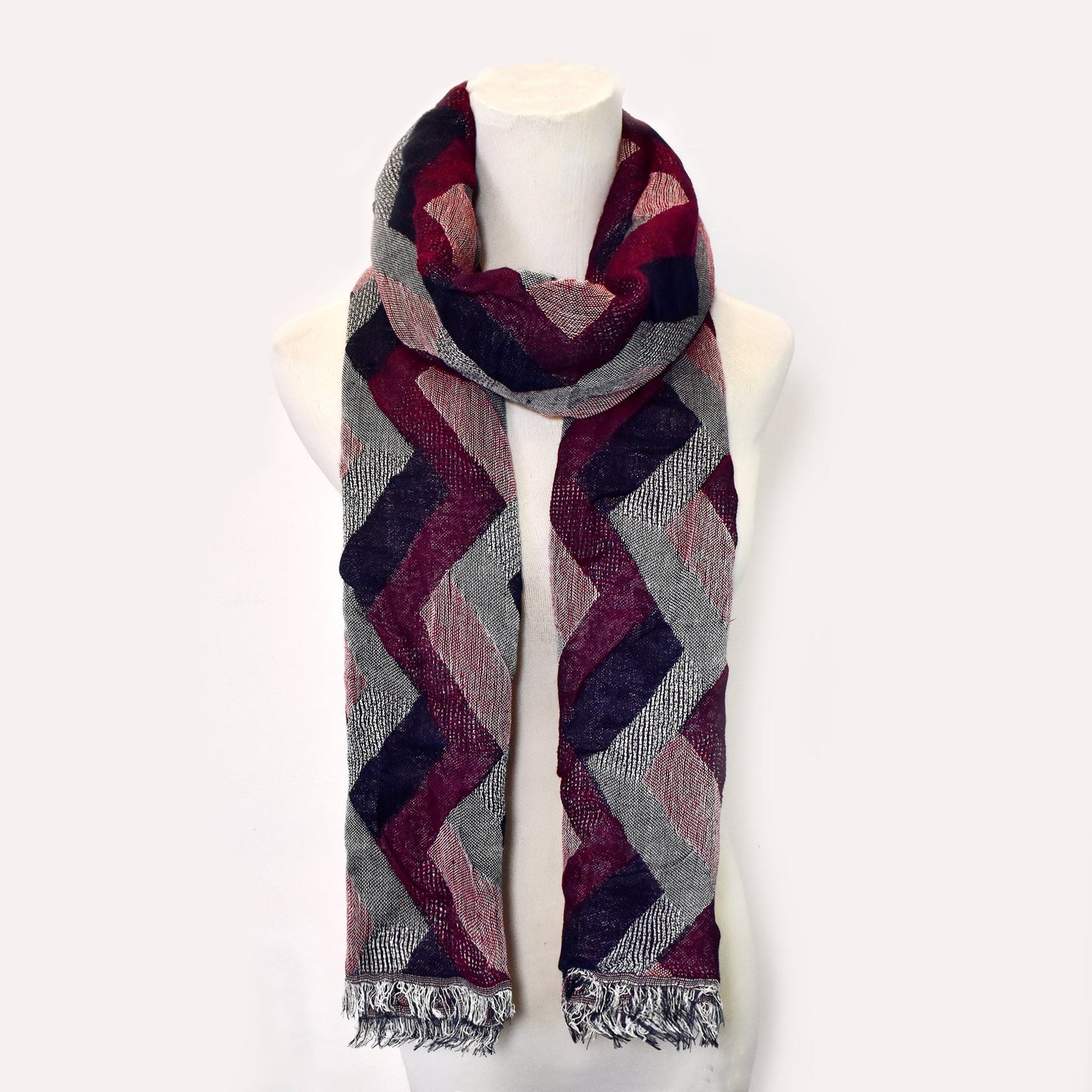 LS8287 - Zigzag frayed tassel scarf - Red