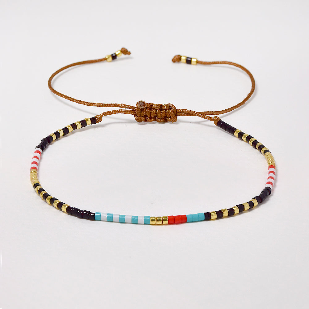 Fashion adjustable brown cotton navy gold and colour beaded bracelet - MFB2970