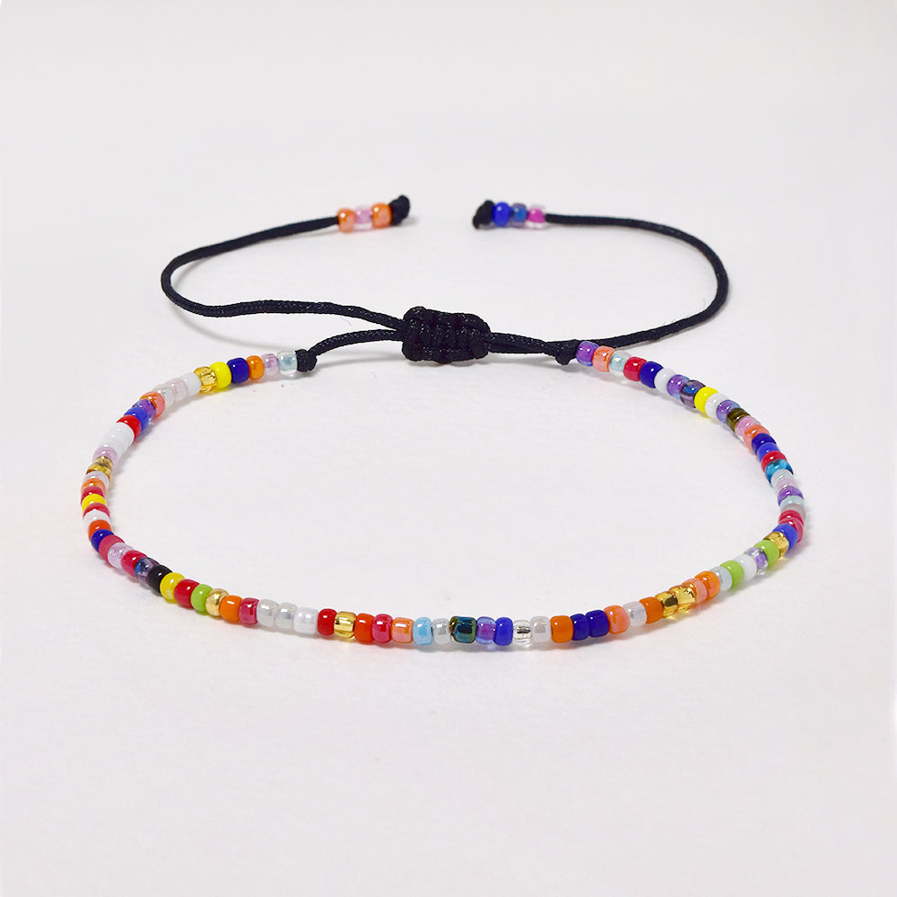 Fashion adjustable multi colour beaded black cotton bracelet - MFB3000