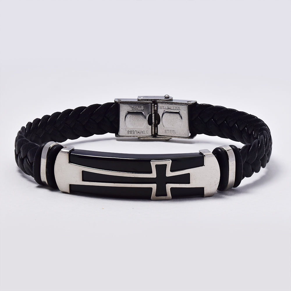 Stainless steel black cross braided strap bracelet - NCSSB039