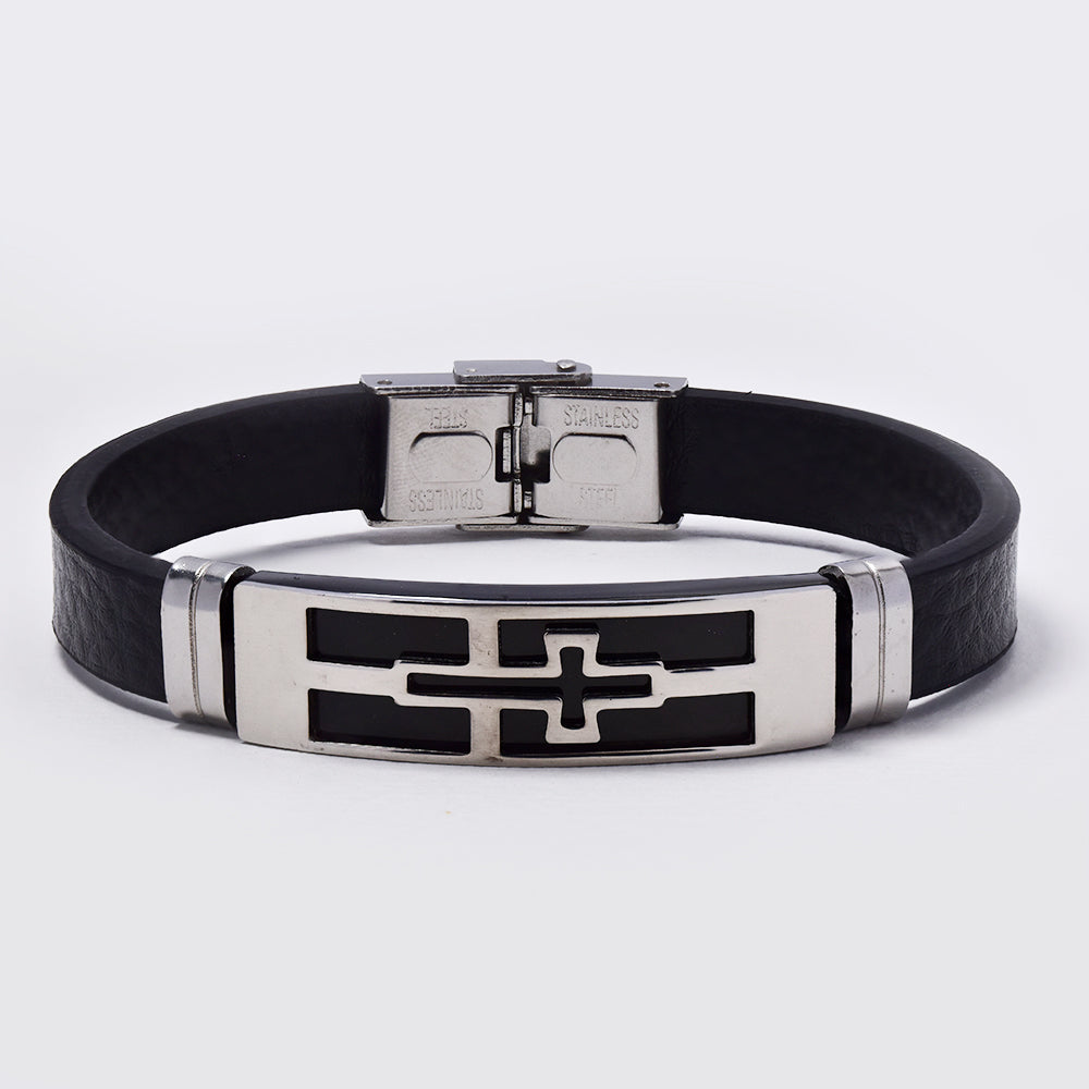 Stainless steel cross cutout ID PU bangle - NCSSB040