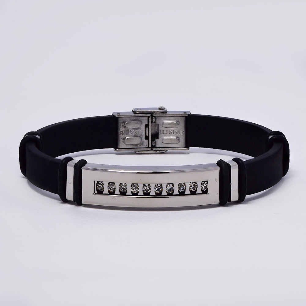 Stainless steel and leather bracelet with cz inlay - NCSSB045