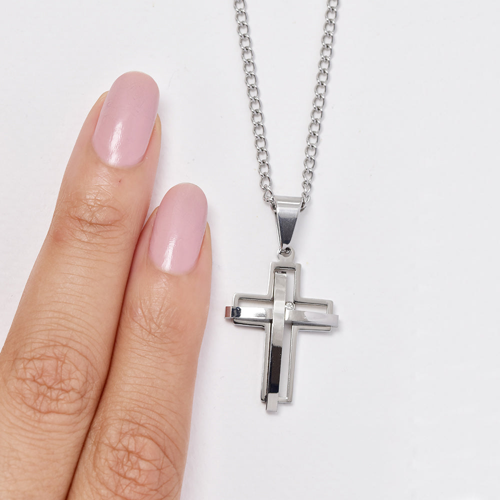 Stainless steel double cross and cz pendant - NCSSN001