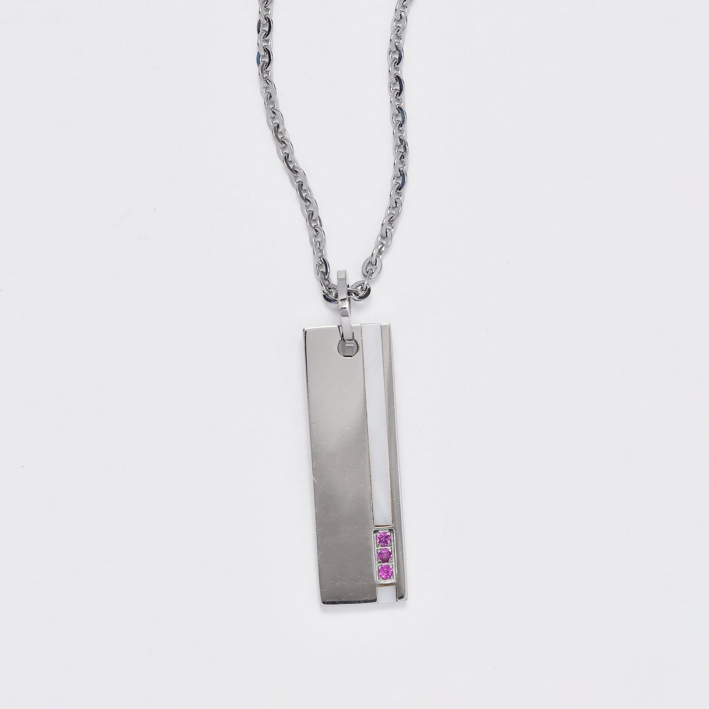 NCSSN033 - Steel bar necklace with shell strip and pink CZ