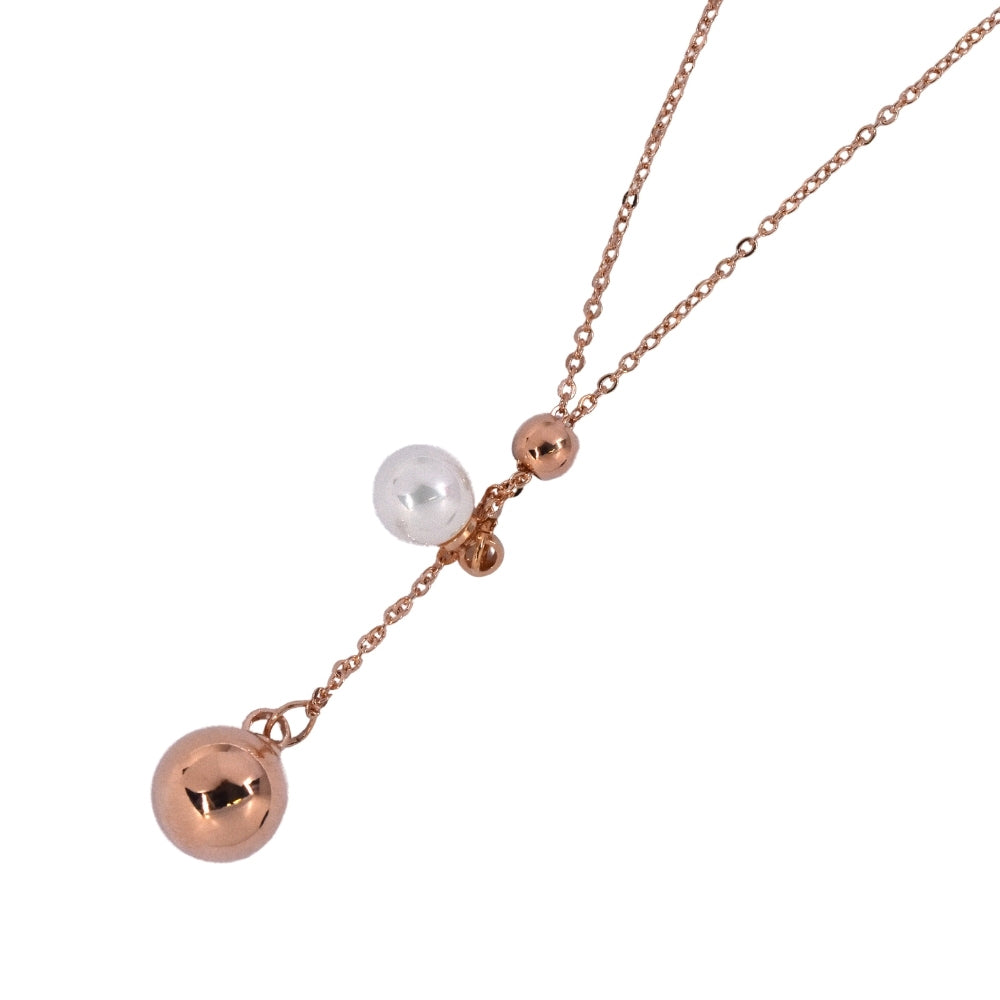 Rose gold plain ball and pearl pull necklace