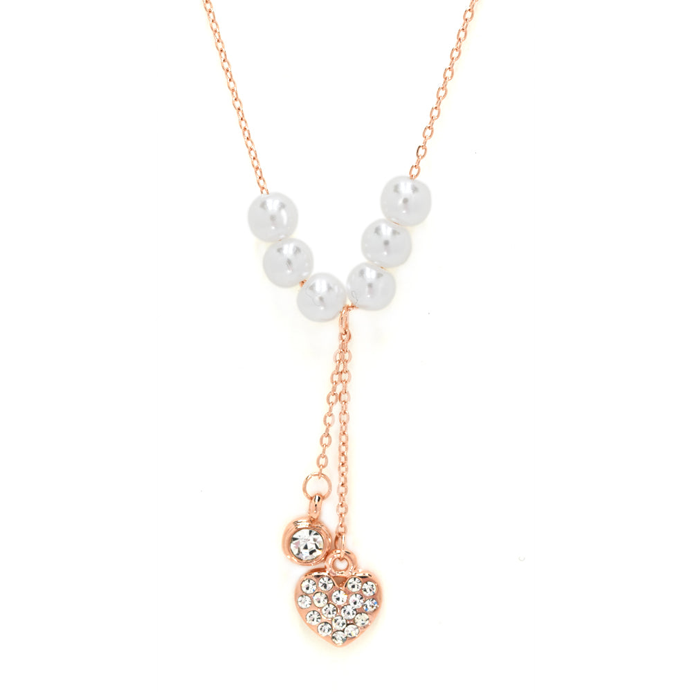 Premium cubic zirconia rose gold pearl and heart Y necklace