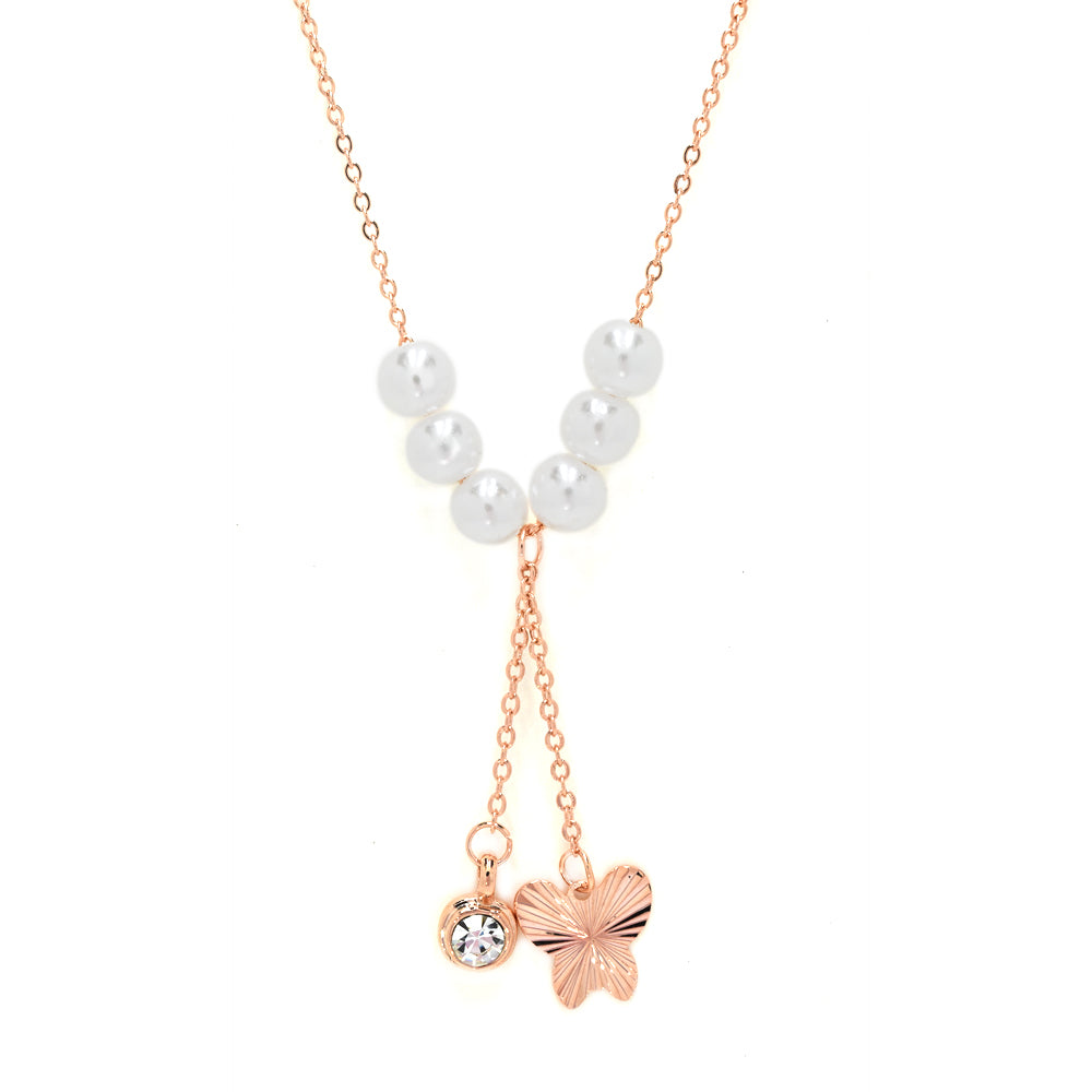 Premium cubic zirconia rose gold pearl and butterfly Y necklace