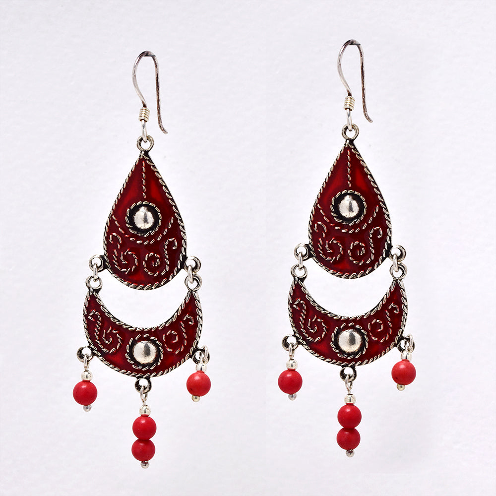 925 Silver drop earring with red decorative details and beads - SE1017