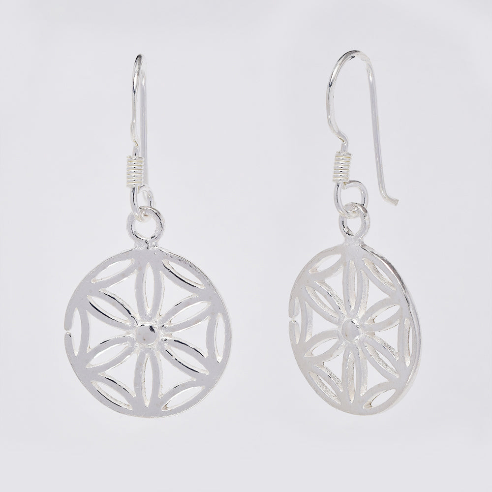 925 Silver 6 petal flower mandala drop earrings - SE1049