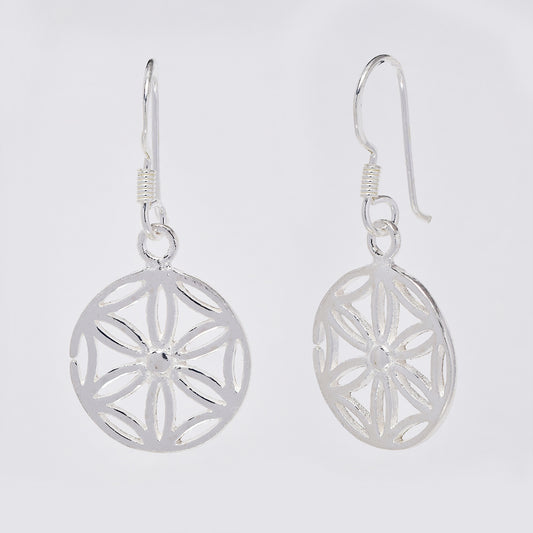 925 Silver 6 petal flower mandala drop earrings