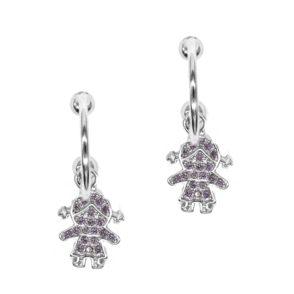 925 Silver pink cubic zirconia little girl character drop earrings - SGE6010