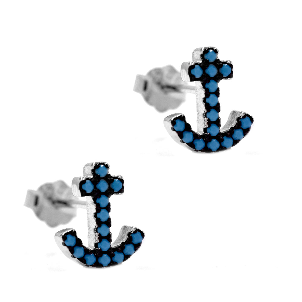 925 Silver blue stone anchor stud earring - SGE921