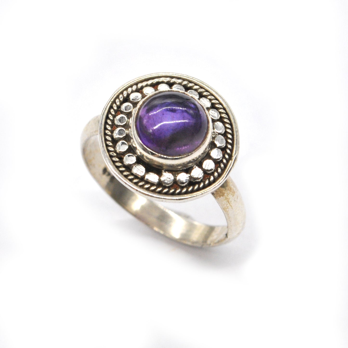 925 Silver amethyst detailed disk solitaire ring - SIR248