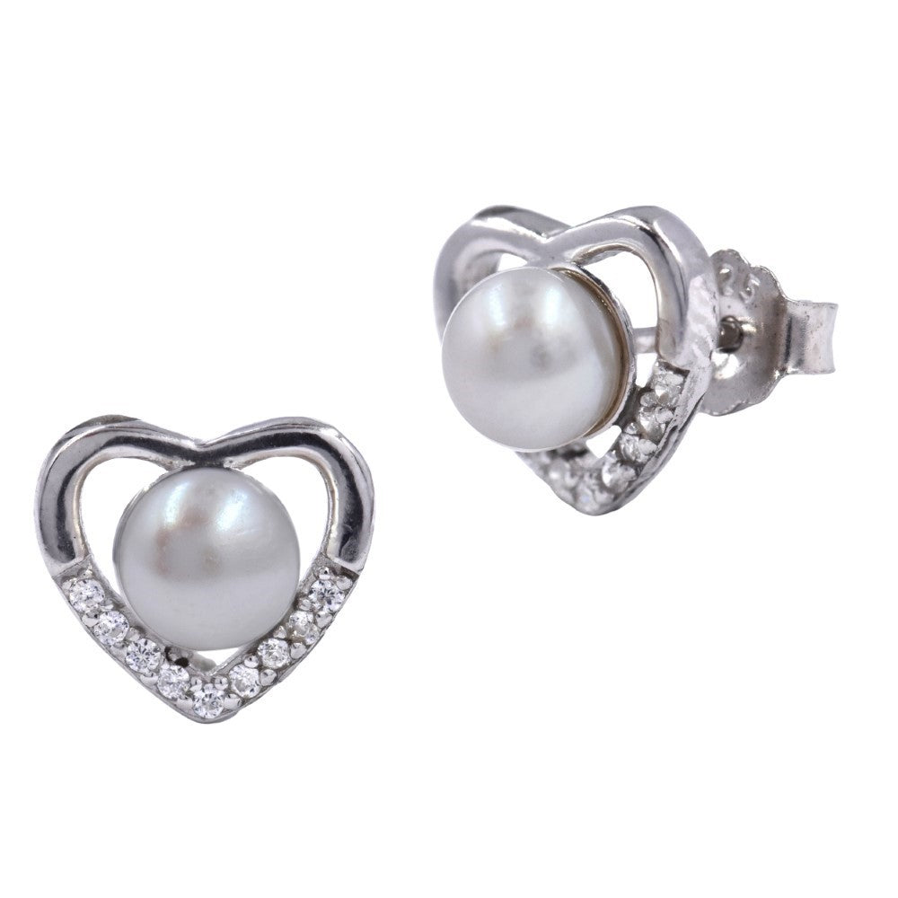 925 Silver pearl cubic zirconia heart stud earring - SME2831