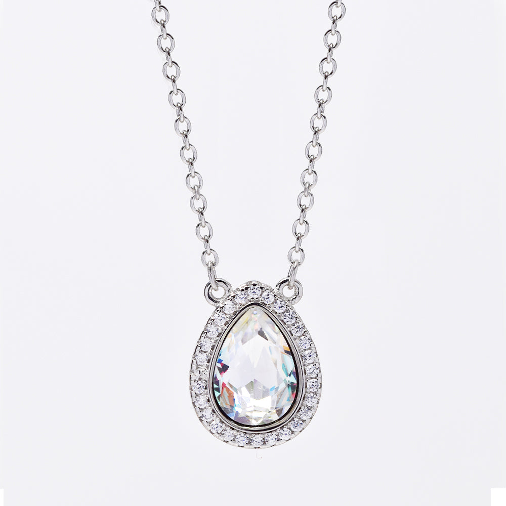 925 Silver cubic zirconia teardrop shaped halo pendant on chain - SMN2970