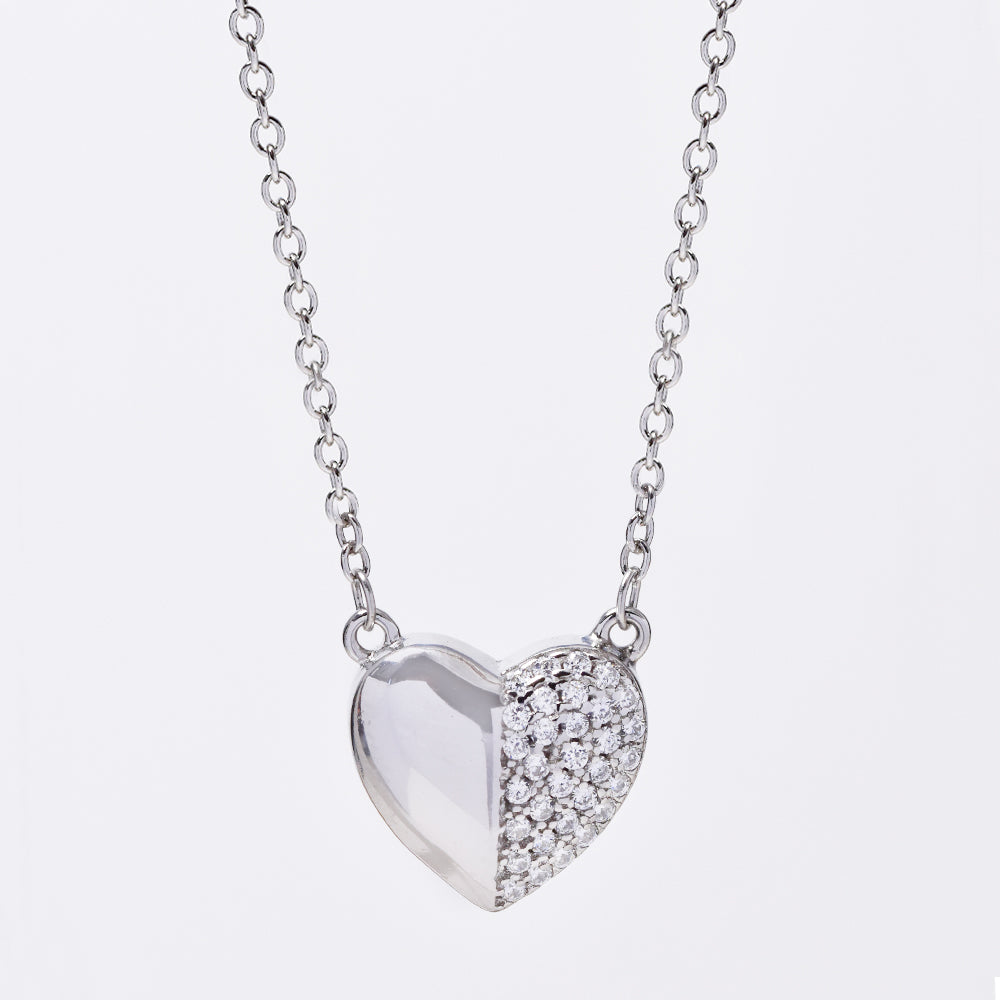 SMN2975 - 925 Silver half CZ heart necklace