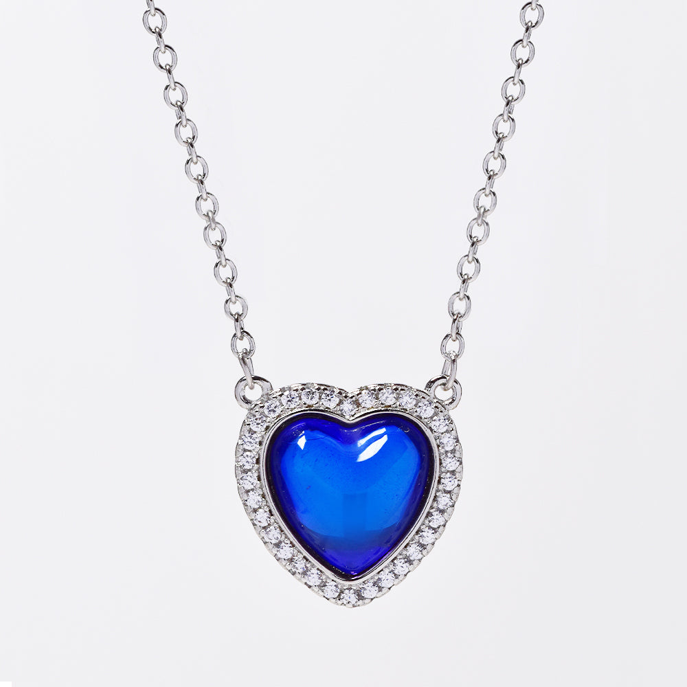 SMN2976 - 925 Silver CZ halo with blue cabochon heart pendant necklace