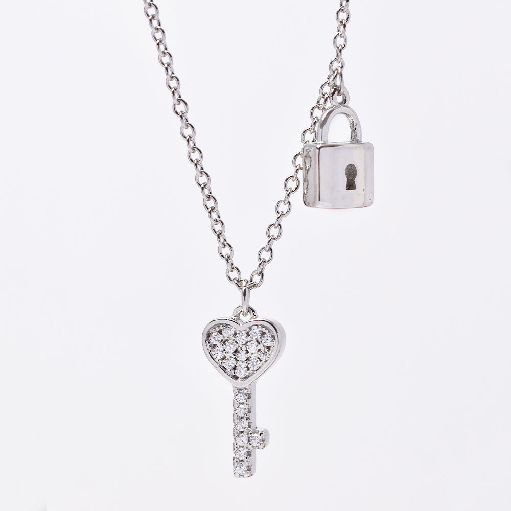 925 Silver cubic zirconia heart key and padlock charms attached to chain - SMN2977