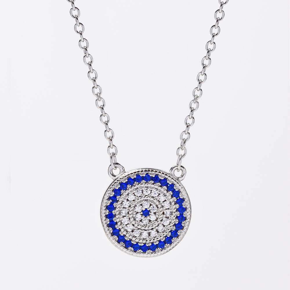 925 Silver cubic zirconia flat round disc pendant with blue and white stones attached to chain - SMN2978