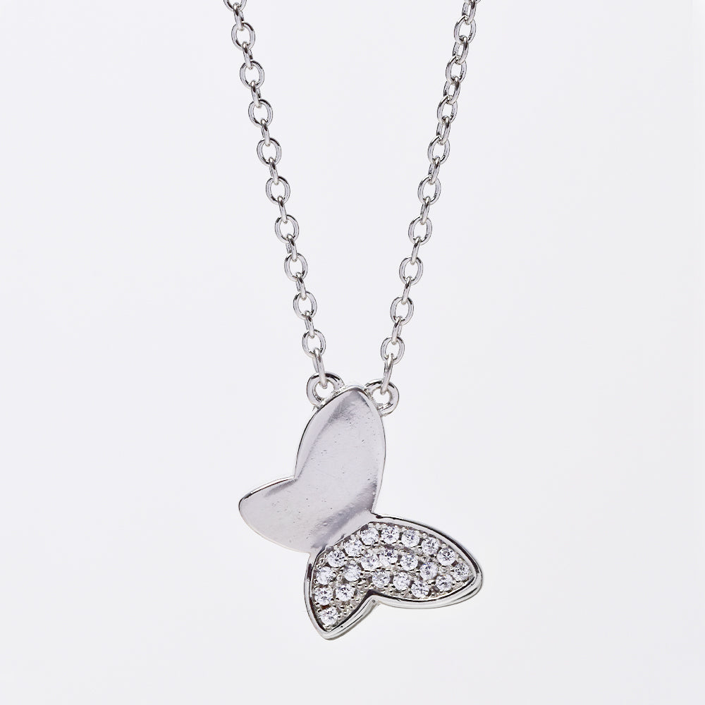 925 Silver butterfly pendant half cubic zirconia half plain attached to chain - SMN2981
