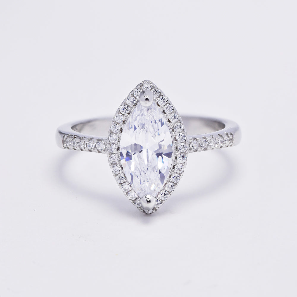 925 Silver cubic zirconia Marquise shaped solitaire and pave band ring - SMR3004