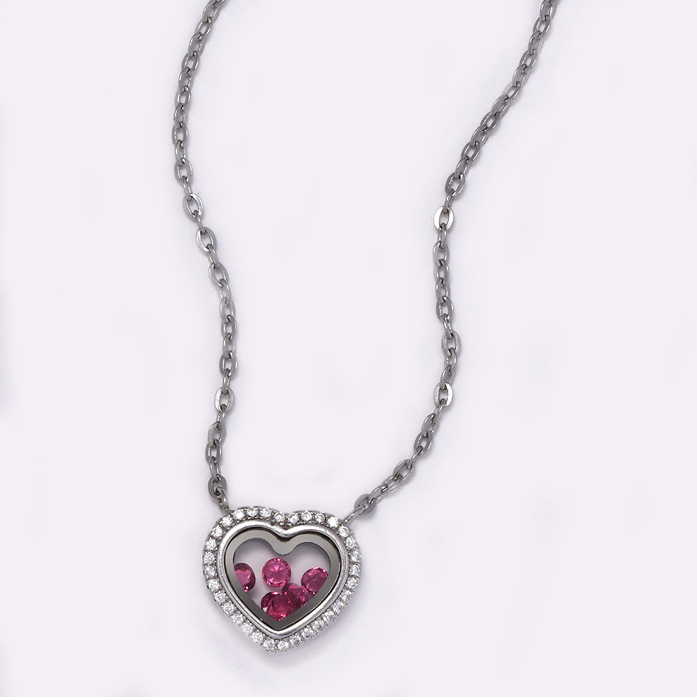 925 Silver hollow heart with pink cubic zirconia pendant - SN1081