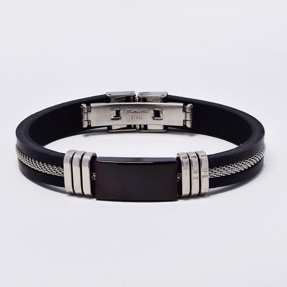 Stainless steel ID bracelet with rubber and mesh centre strap - SSB007