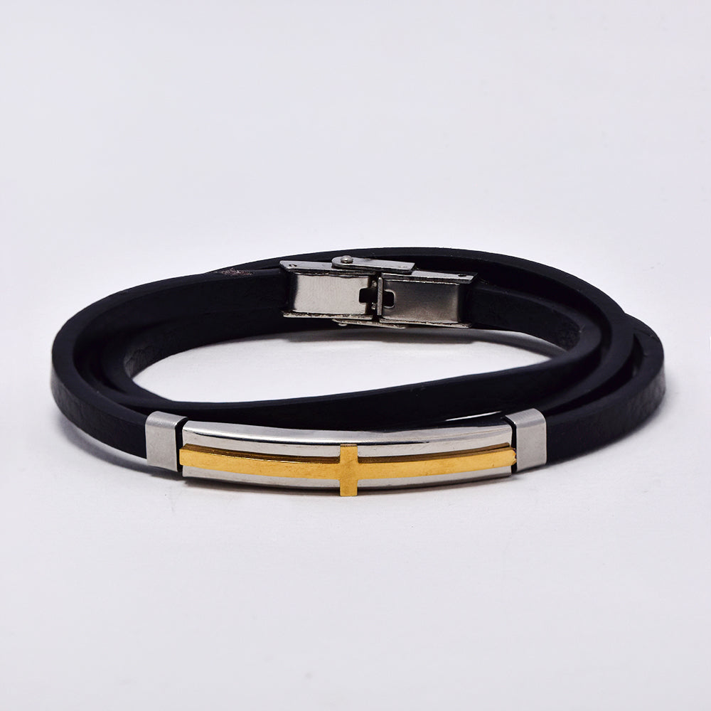 Stainless steel coil leather strap with two tone cross ID - SSGB2040