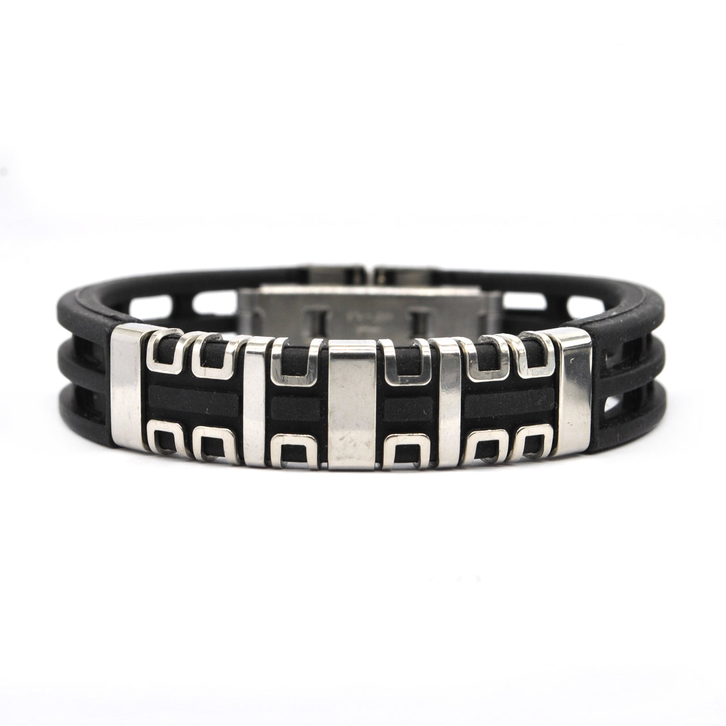 Stainless steel and cutout rubber detailed ID bracelet - SSGB2069
