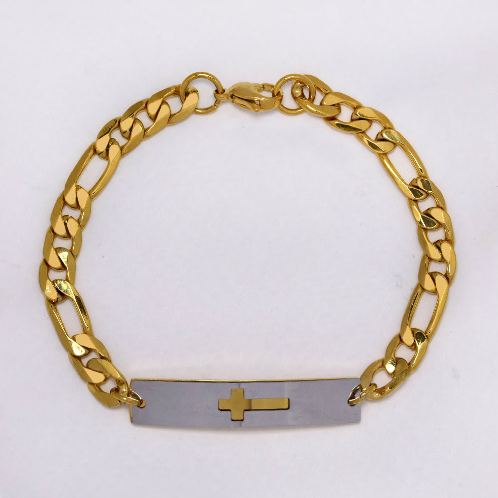 Stainless steel curb bracelet with two tone cross ID