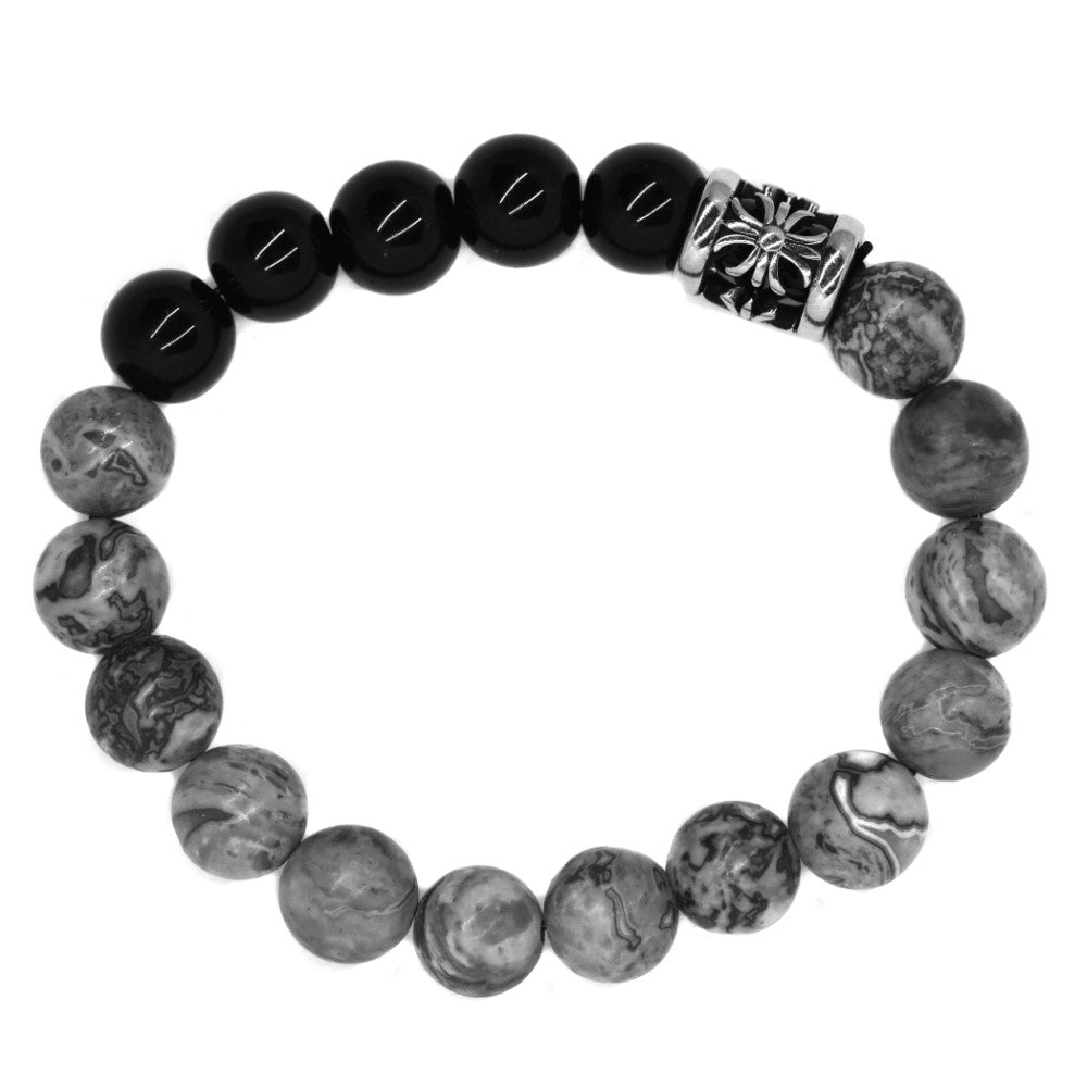 Grey and black agate bead with flower charm bracelet - SSGB7318