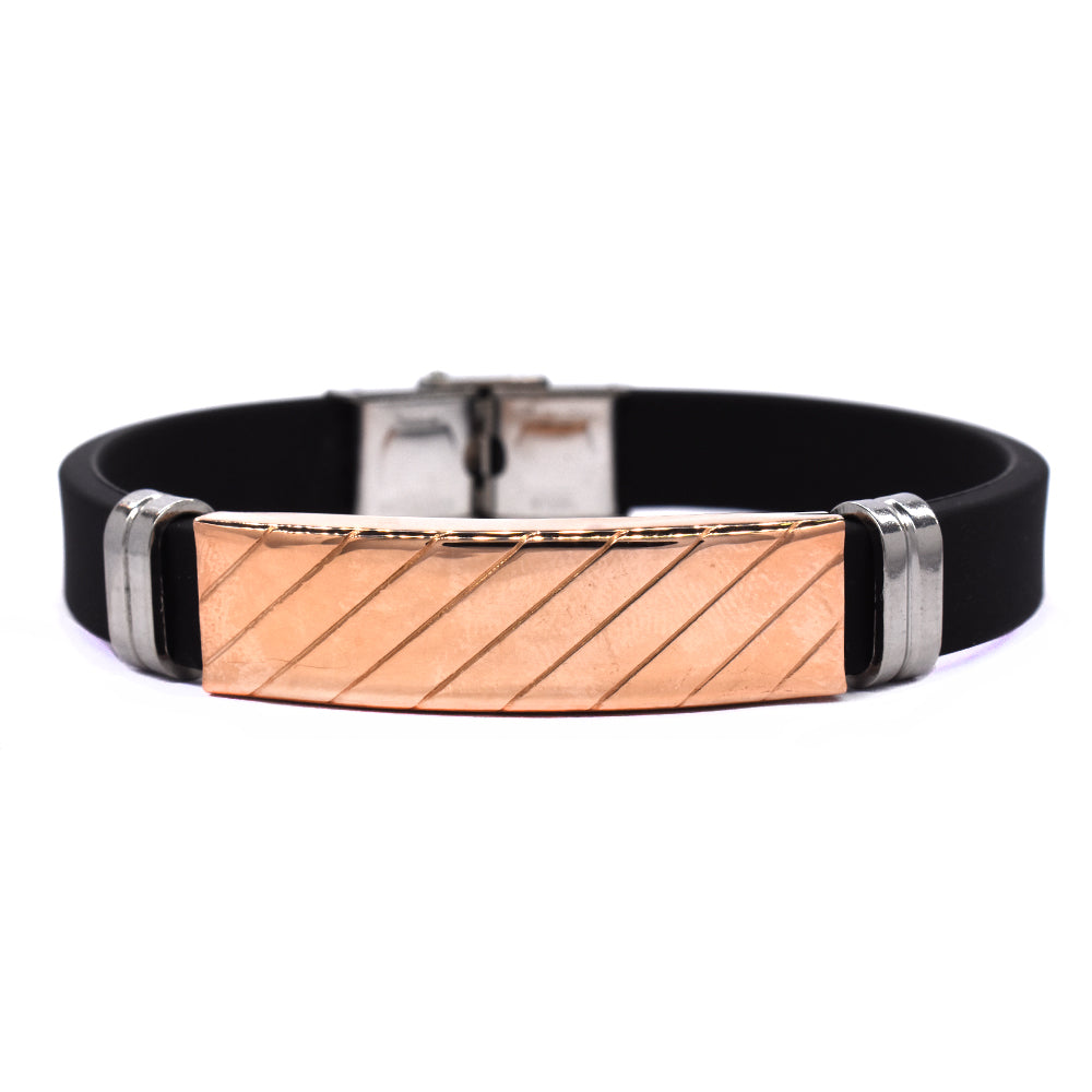 Stainless steel leather rose gold plated lined ID bracelet - SSGB9130