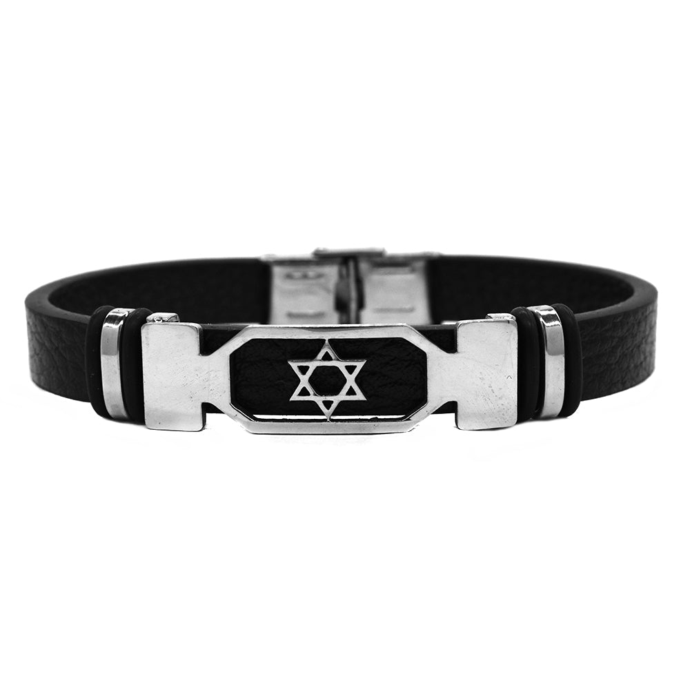 Stainless steel leather star of David ID bracelet - SSGB9131