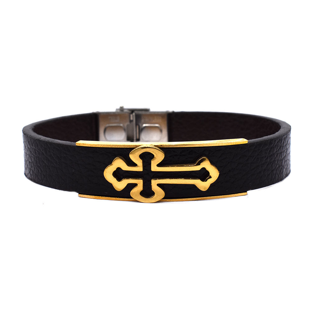 Stainless steel leather gold plated cross bracelet - SSGB9144