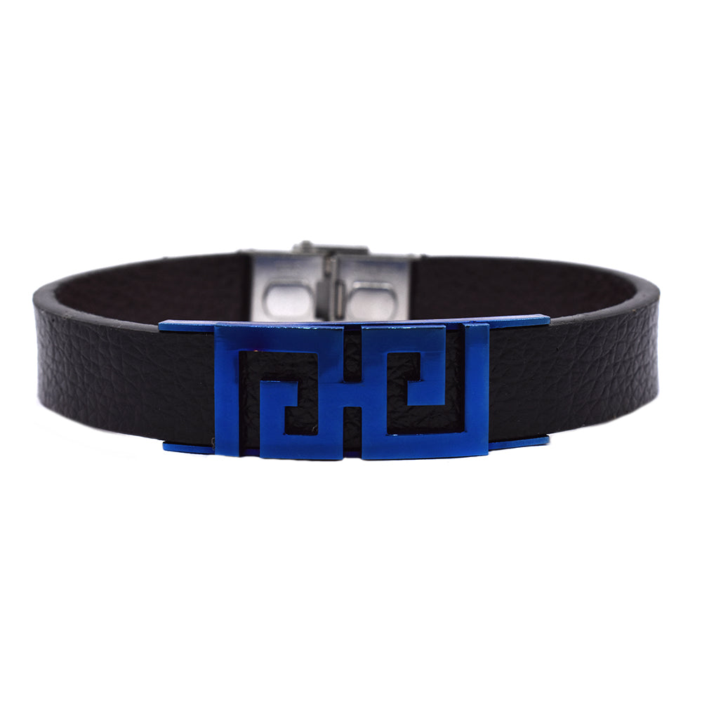 Stainless steel leather blue plated Grecian ID bracelet - SSGB9145