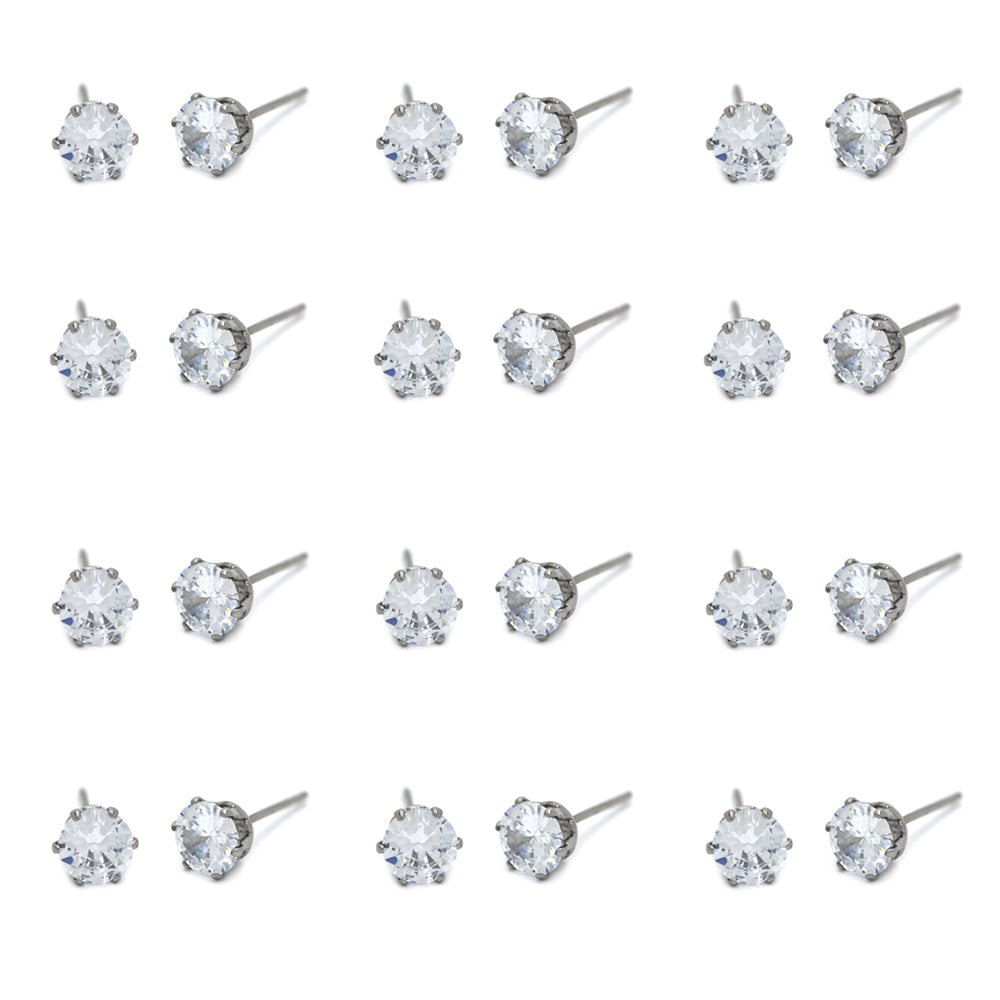 12 Pack stainless steel 6mm cubic zirconia stud earring - SSGE1566