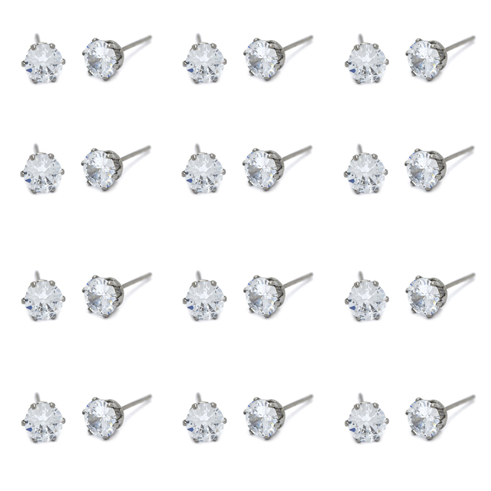 12 Pack stainless steel 7mm cubic zirconia stud earring - SSGE1567
