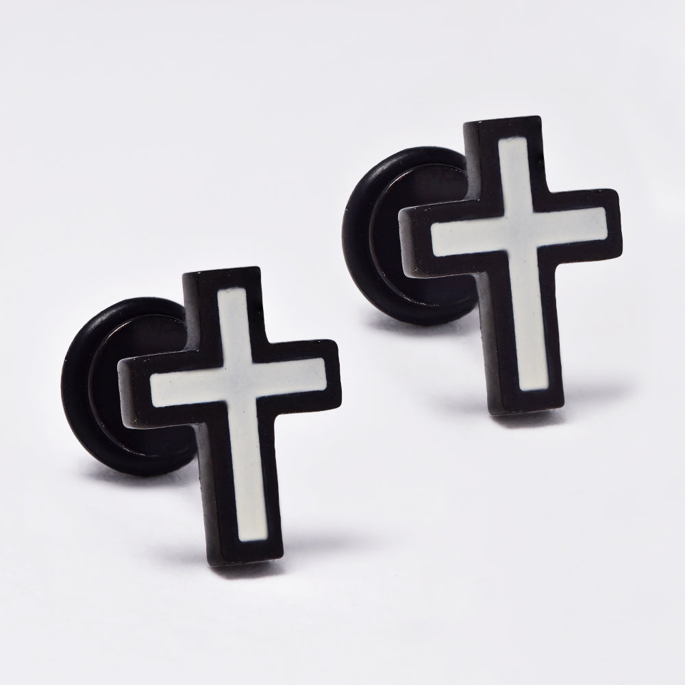 Stainless steel black with white enamel cross dumbbell earring - SSGE202