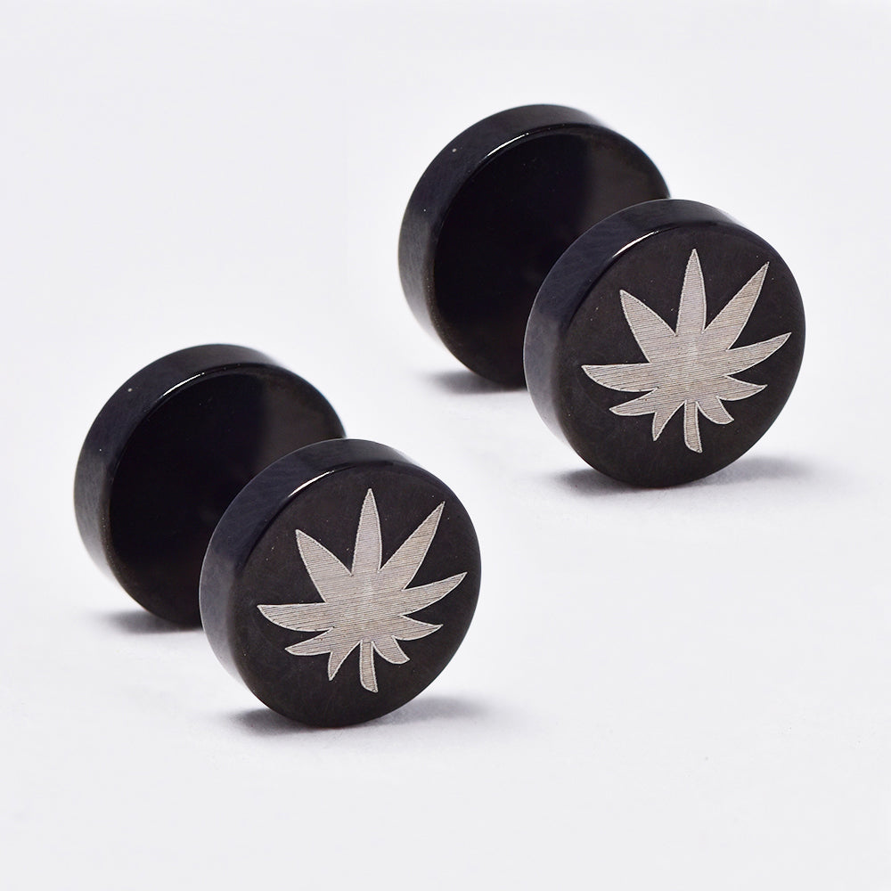 Stainless steel cannabis leaf black dumbbell earring - SSGE203