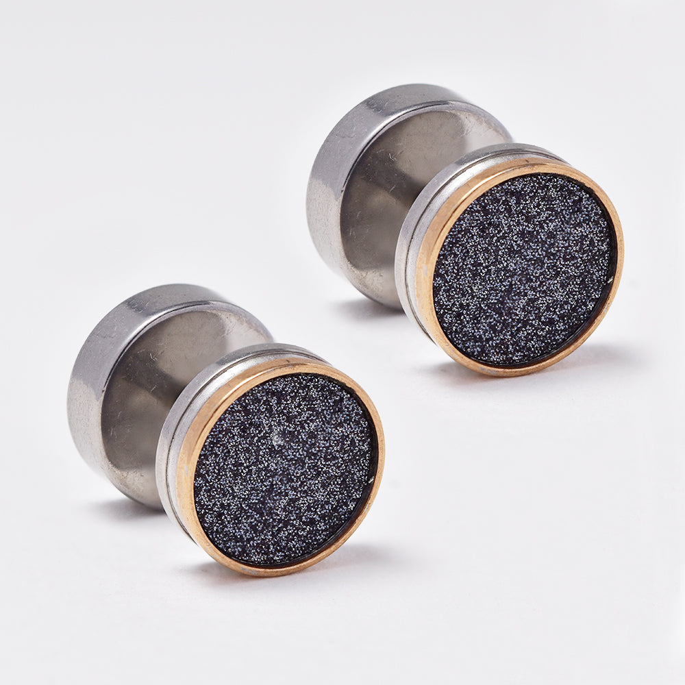 Stainless steel rose gold rim and grey glitter dumbbell earring - SSGE930